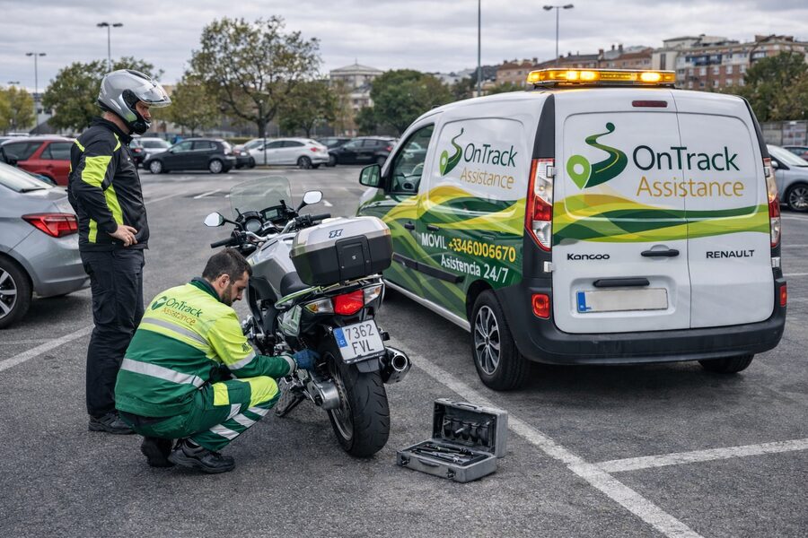 Técnico de ON TRACK ASSISTANCE reparando vehículo en carretera Barcelona